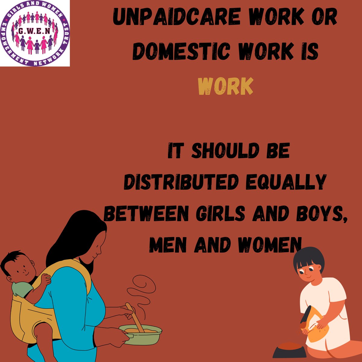 Unpaid carework or domestic work is WORK; it should be distributed equally between boys and girls, men and women.
<a href="/WCOZIMBABWE/">Women's Coalition of Zimbabwe</a> 
<a href="/YetTrust/">#Youth4SDGs</a>