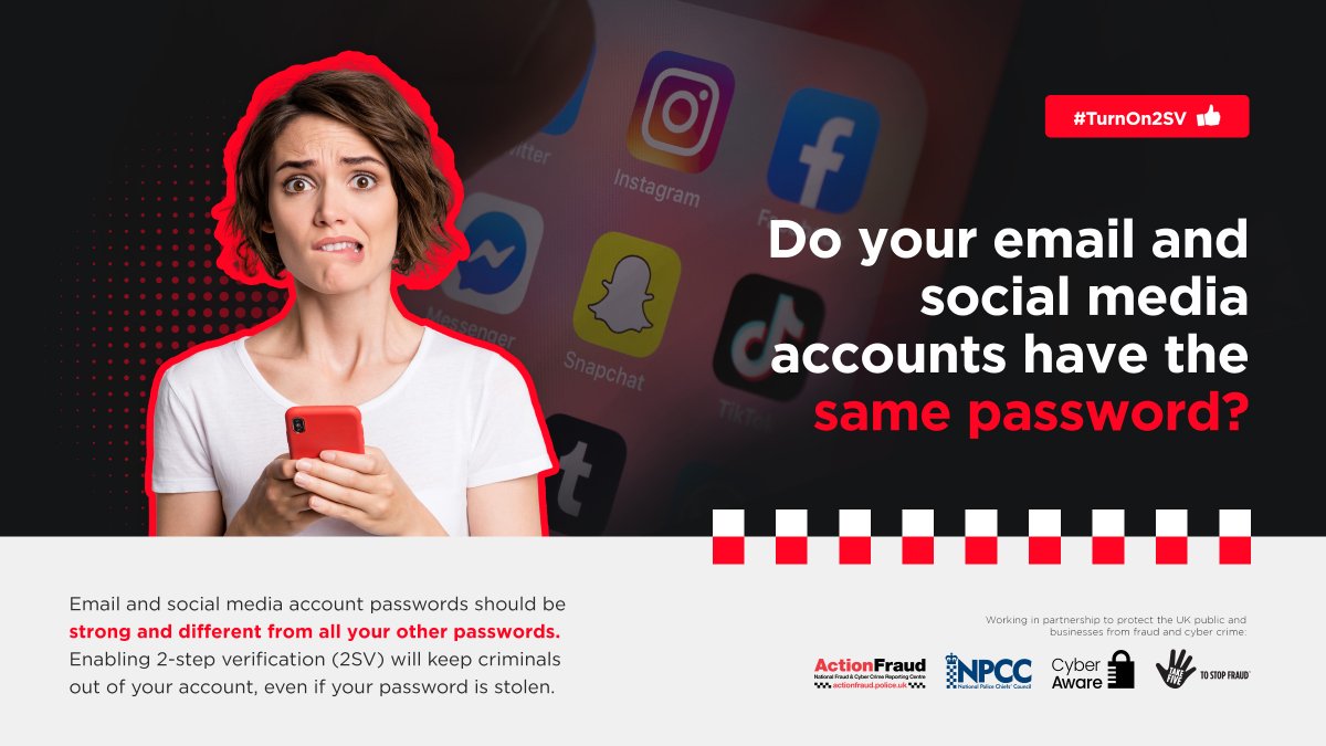 🚨 Reusing the same password means criminals only need to steal one of your passwords in order to get into many of your accounts. 

Check out these top tips on how to secure your accounts properly:  ncsc.gov.uk/cyberaware/home

#TurnOn2SV