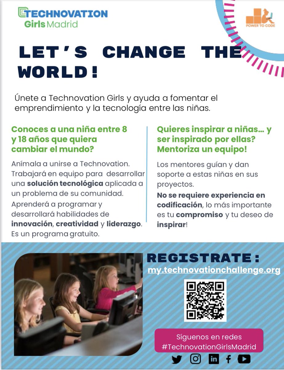 LasRozasNext's tweet photo. TECHNOVATION GIRLS @empowertocode para niñas y jóvenes en proyectos #Stem.

Quieres saber más?

👉🏻 Sesión informativa presencial:

📅jueves 24 de noviembre a las 18:30h
📍en el HUB232, calle Kálamos, 32, #LasRozas https://t.co/oeCU6tcsfi