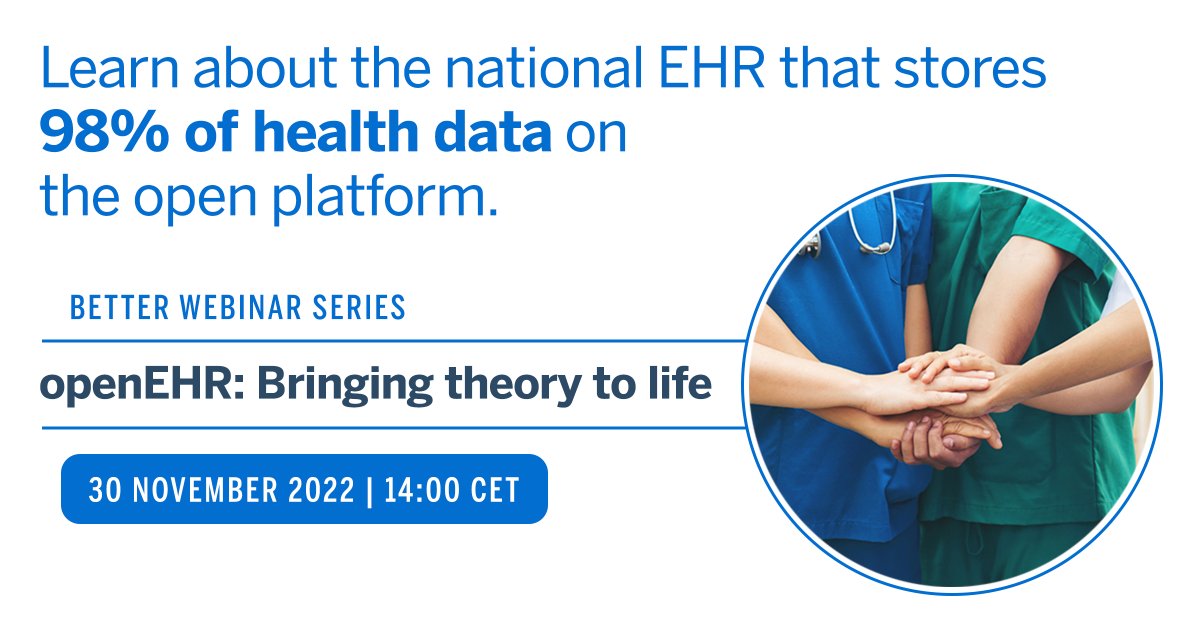 bettercareIT's tweet photo. 🇸🇮 The Slovenian Centralised Registry of Patient Data stores data of 98% of the Slovenian population on the open platform.

This will be the topic of the 4th webinar in "openEHR: Bringing theory to life" series on 30 November at 14:00 CET.

Join us! https://t.co/scJ34DxB1w https://t.co/FFBc6hjjFX