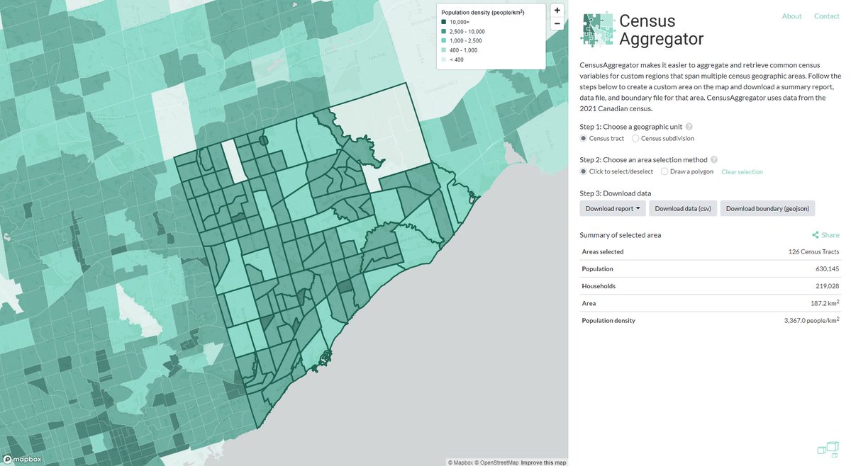 One of our favourite features in our new CensusAggregator tool is the ability to share a selected region with others. 

Here is a link to the #2021Census summary stats for Scarborough, Toronto: censusaggregator.ca/?aggregate_are…