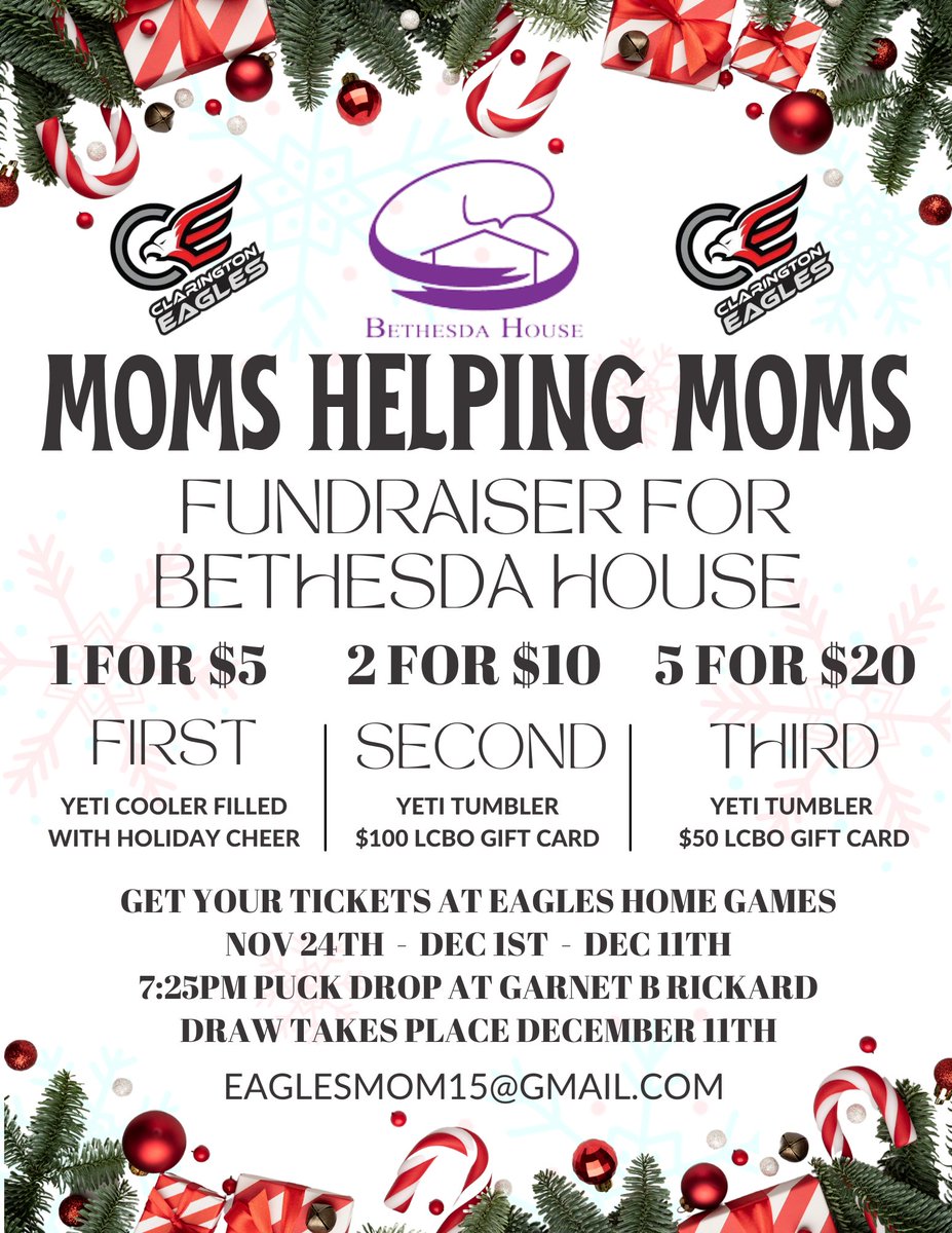EaglesPJHL's tweet photo. Our Momma Birds are Raising money for Bethesda House this holiday season.

You have until December 11th to get your tickets. Tickets will be available at our next Three Home Games (Cash or e-Transfer). 

Unable to attend contact them at eaglesmom15@gmail.com

#WeFlyTogether https://t.co/h9M7xZIXHF