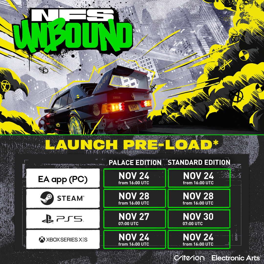 NeedforSpeed's tweet photo. Pre-loading alert! Get ready to ride &amp; begin downloading your pre-purchased copy of NFS Unbound starting at the times below!🫡💚👇🏾

ICYMI: The Palace Edition unlocks 3 days early on 11/29 as well as

• 4 Palace Branded Cars
• Palace Driving Effects
• Palace X Mercedes Wardrobe https://t.co/Iv8iT6Jdrb