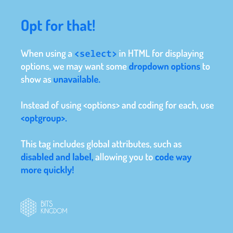 BitsKingdom's tweet photo. In this devs tips edition, we've gathered some HTML tags that we bet will come in handy! π·οΈ
Have you got other gems you want to share with us? π
#bitstips #bkhacks #codingtips #100daysofcode #CodeNewbie #codingtip #programmingtips