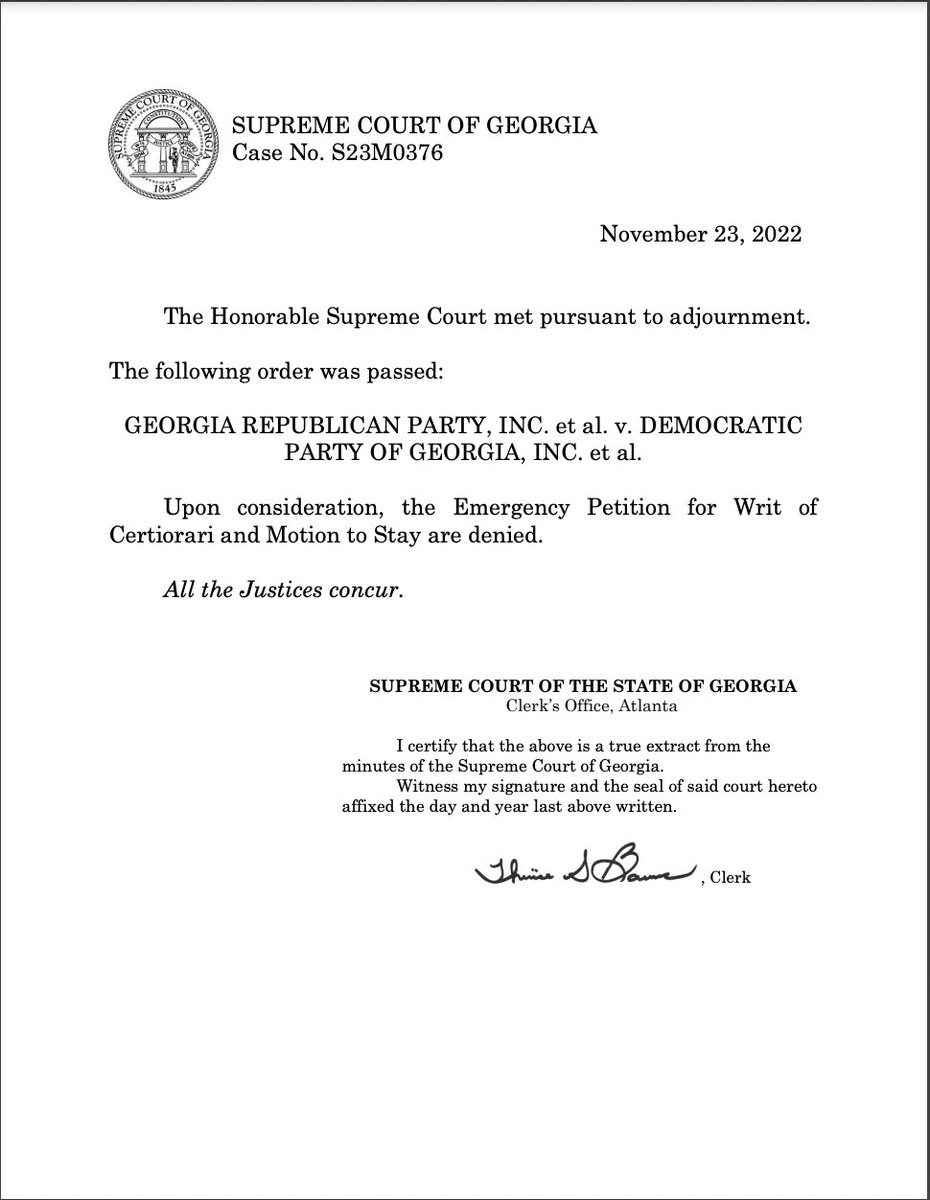 stphnfwlr's tweet photo. BREAKING: Saturday voting will continue in Georgia after the Georgia Supreme Court denied the GAGOP/NRSC/RNC appeal of a lower court's order. #GAPOL #GASEN https://t.co/aPfqqzxTSK