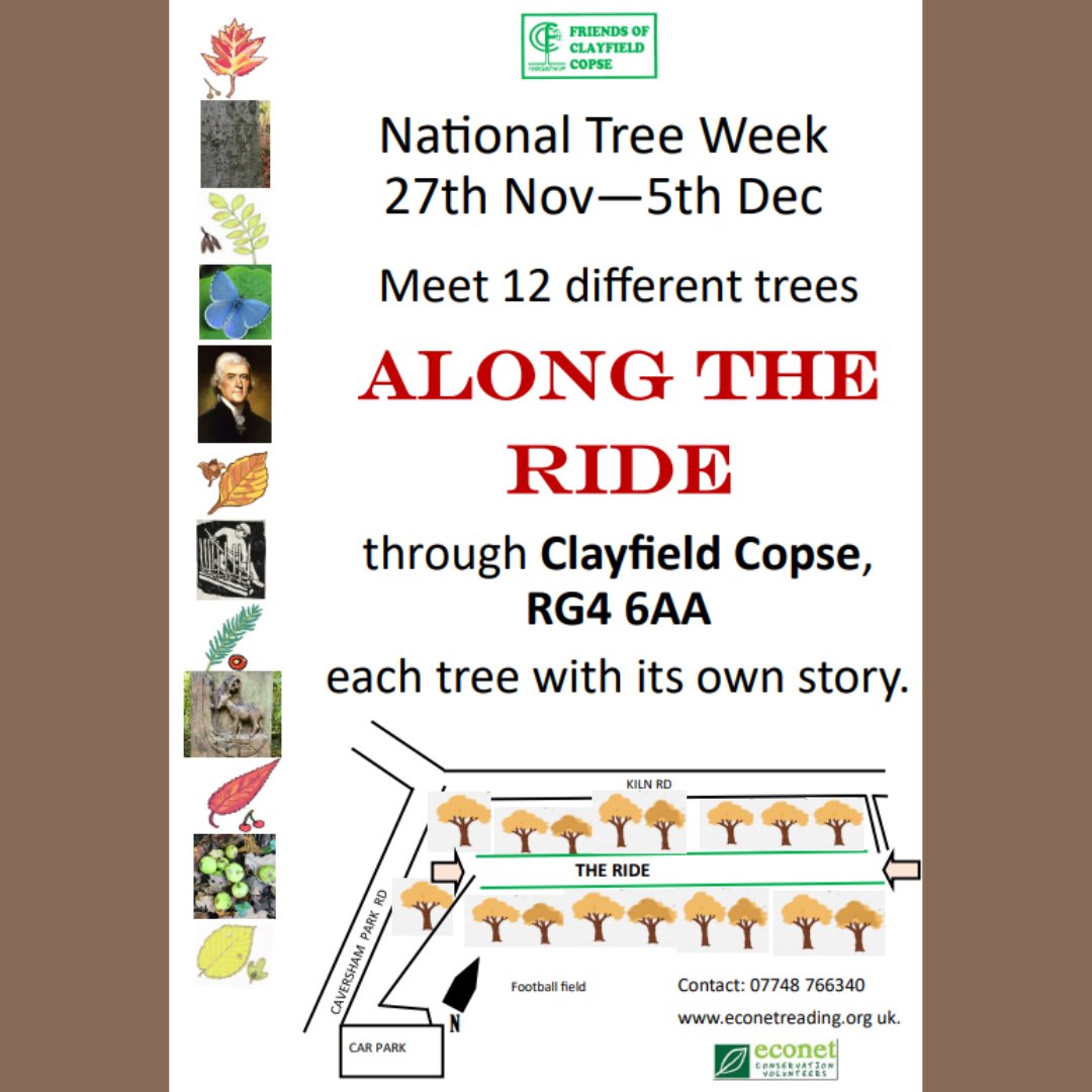 ReadingCAN's tweet image. Come to "Along the Ride" at Clayfield Copse in Caversham from Sunday, 27th November 2022 to Monday, 5th December 2022. 

It is a self-guided walk for National Tree Week along the Ride at Clayfield Copse. Here, twelve or more species of tree are to be found, each with a story.