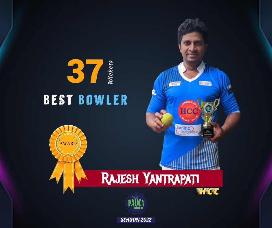 PAUCACricket's tweet photo. Pauca Awards 2022: Best Bowler - Rajesh Yantrapati (HCC). Congratulations👏👏👏

✅  2 X Five-wicket 
✅  5 X Man of the match
✅  2 X Half centuries 
✅  Pauca ranking #2

#PaucaCricket #PaucaT20 #PaucaBestPerformance #Pauca2022 #paucaawards https://t.co/2oXUroVcfV