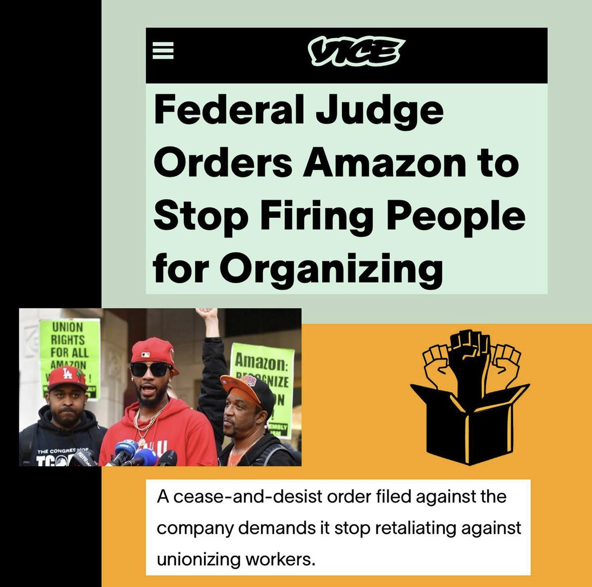 BREAKING: Organizer Chris Smalls and @AmazonLabor just won a major court victory against union-busting "philanthropist" Jeff Bezos. A judge has ordered Amazon to stop firing its own workers in retaliation for organizing a labor union.

Powerful. 👊🔥👏<a href="/Shut_downAmazon/">Christian Smalls</a>
