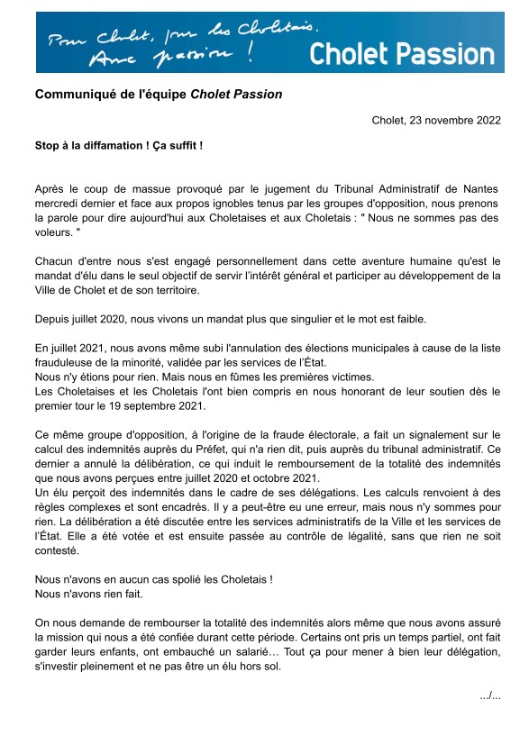 CPassion2020's tweet photo. Bonsoir, 
Après le jugement du tribunal administratif et les propos tenus par certains, voici la réponse des élus de Cholet Passion.
#Cholet #Choletais #CholetPassion https://t.co/8Vvs0weJqu