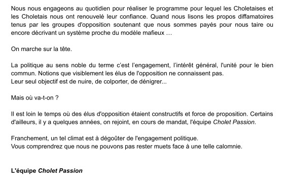 CPassion2020's tweet photo. Bonsoir, 
Après le jugement du tribunal administratif et les propos tenus par certains, voici la réponse des élus de Cholet Passion.
#Cholet #Choletais #CholetPassion https://t.co/8Vvs0weJqu