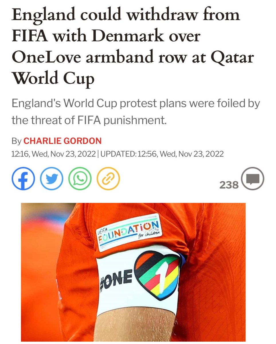 Eyaaaad's tweet photo. إنجلترا والدنمارك يهددون بالانسحاب من الفيفا بسبب منعهم من وضع شاره OneLove على كتف لاعبيهم والتي فيها تأييد للشواذ. https://t.co/LtmUMZi0hu