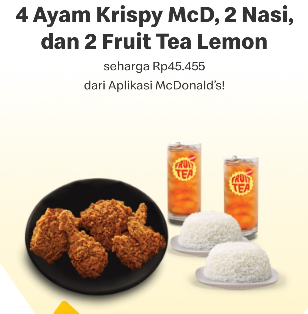 RacunBelanja's tweet photo. Promo app McDonalds 🍟
Kupon 4 Ayam Krispy McD, 2 Nasi, dan 2 Fruit Tea Lemon harga spesial

Ambil penawarannya disini:
https://t.co/dLDAgDu7qc https://t.co/F2dQAOUMSc