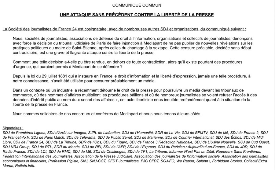 SDJ_AFP's tweet image. Voici la tribune signée par la @SDJ_AFP et une quarantaine d'autres sociétés de journalistes pour dénoncer cette censure inacceptable contre @Mediapart