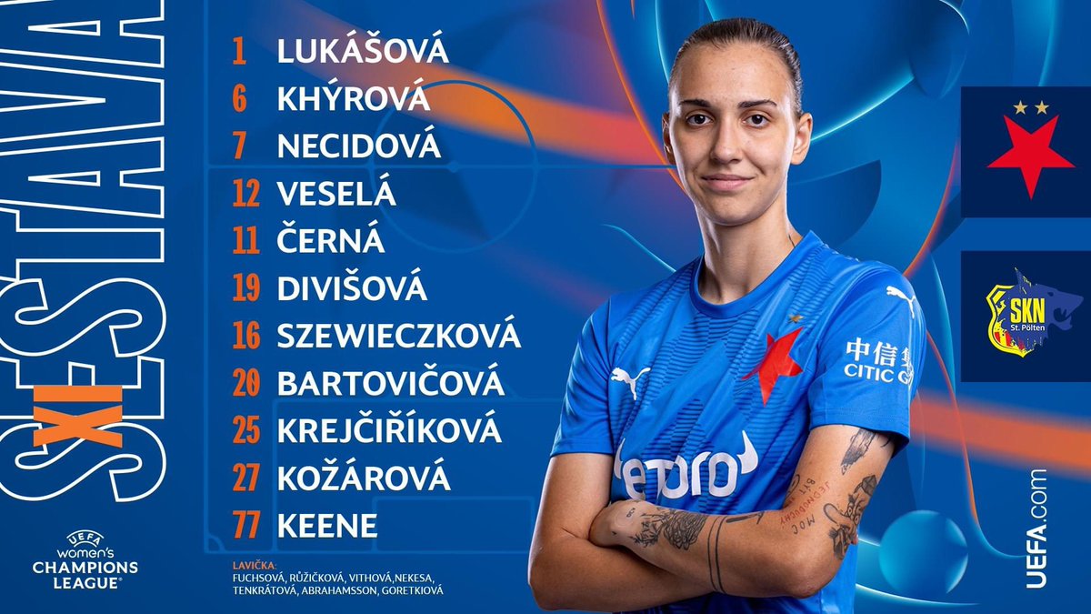 SlaviaZeny's tweet photo. 👥 | Tuhle jedenáctku posílá trenér Karel Piták do třetího zápasu #UWCL 🔥 #slapol
🏥 Zdravotní problémy nepustí do hry Gabrielu Šlajsovou, Lucii Bendovou a Martinu Šurnovskou.
📰 ČLÁNEK ➡️ https://t.co/gM9UwYQe0N
📺 STREAM ➡️ https://t.co/C1sBgNyTtn https://t.co/v1ORTWX153
