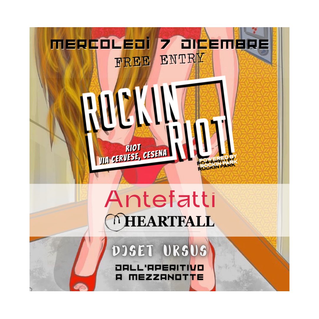 Rockin_Park's tweet photo. οΏΌβ‘οΈROCKIN RIOT / FREE ENTRY
Mercoledì 7.12 si torna ad undergroundeggiare al Riot
οΏΌ
Live: #Antefatti + #Heartfall
οΏΌ
π¦π²π: DJ URSUS
Metal / Rock / Punk / Hc / Emo
οΏΌ
Vi aspettiamo dalle 18.30 per una tour de force aperitivo cena concerti e dj-set fino a notte https://t.co/q8du96RjN5