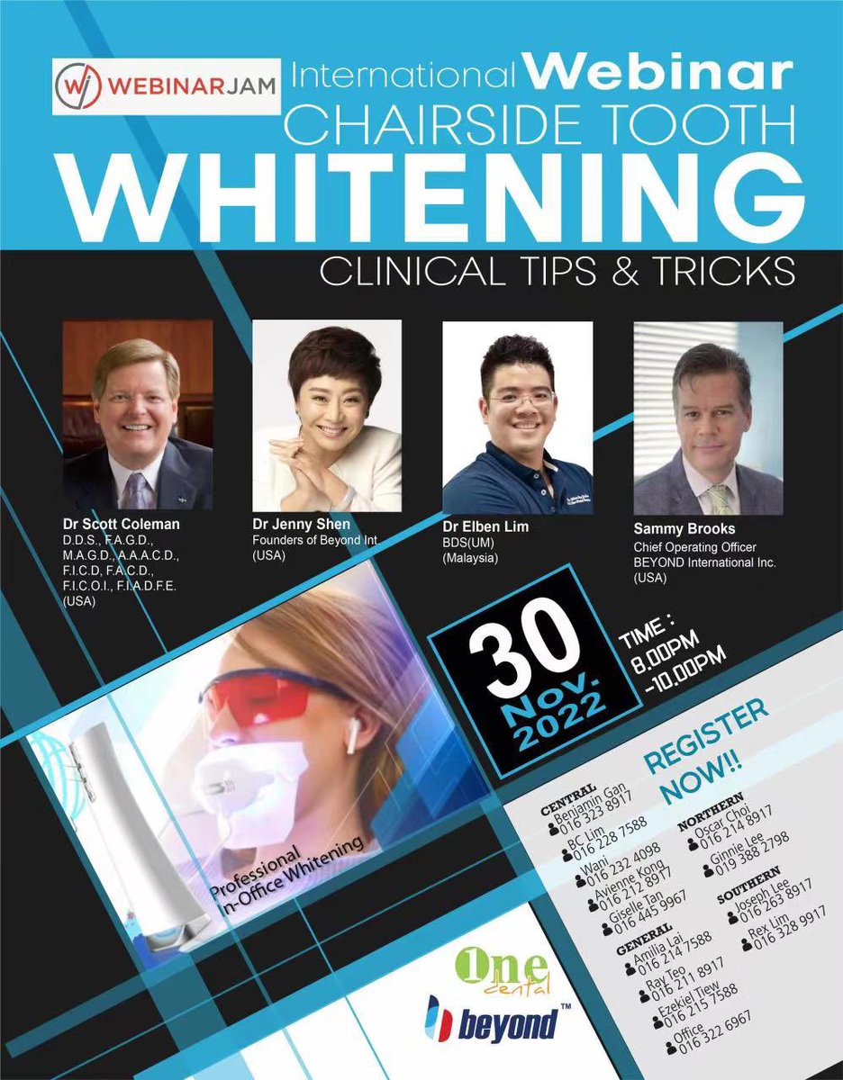 beyonddent's tweet photo. Free International Webinar Whitening tooth whitening- 💡Clinical Tips &amp; Tricks 
Date: 30/11/22( Wednesday)
Time 8.00pm-10.00pm
(Asian time)
Speaker :
Dr Scott Coleman
Dr Jenny Shen 
Dr Elben Lim 
Samuel Brooks
Registration click here 
https://t.co/Tzww5YQW5p https://t.co/vLq5JHp45U
