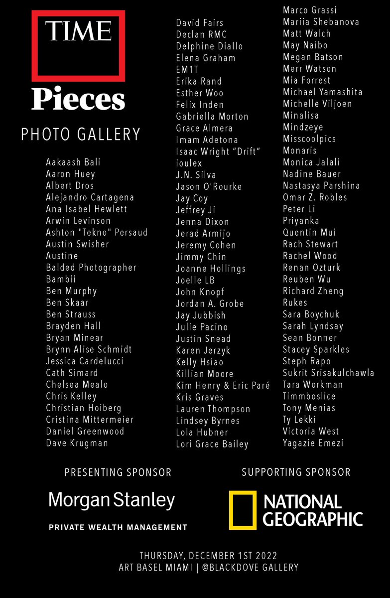 Gm! Photography gallery! ART BASEL! 100 artists!! We had the largest NFT Photography Gallery at Art Basel last year and we’re doing it again THIS YEAR! December 1st presented by @timepieces and sponsored by @morganstanley and @natgeophots! One more time: big BIG shout out to🧵1/7