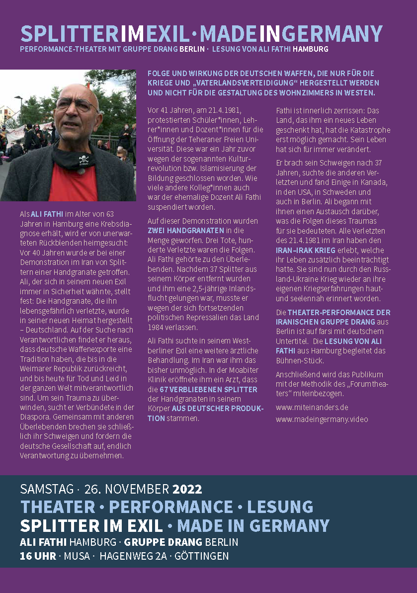 ali_goettingen's tweet photo. #SplitterImExil · Made in Germany
Performance-#Theater · #Lesung
Mit Gruppe "Drang" (Berlin) und Ali Fathi (Hamburg)

Samstag · 26. November 2022

16 Uhr · #musa · Hagenweg 2a · #goettingen

Ohne Kartenvorverkauf - mit Bitte um Spende 
Alles weitere: https://t.co/l029vtqNoW https://t.co/AP9ELjspcG