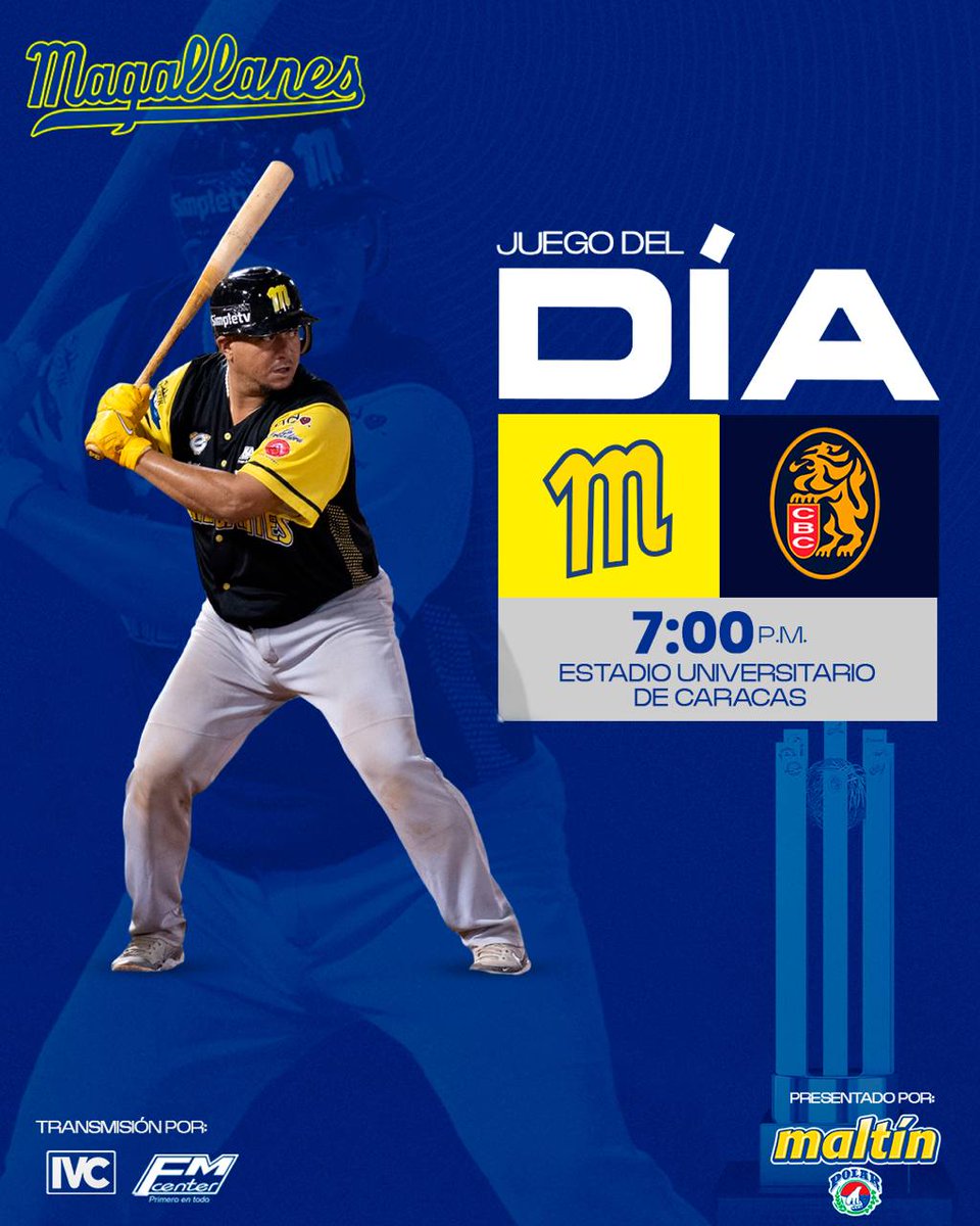 ¡Juego del día!⚾

Hoy viajamos a la capital para enfrentar a nuestro eterno rival <a href="/leones_cbbc/">Leones del Caracas</a> ⚓🦁 

🕢 7:00 PM
🏟️ Estadio Universitario de Caracas
📺 <a href="/IVCNetworksVE/">IVC Networks 🇻🇪</a>
📻 Circuito AM/FM Center

¡A GANAR!🔥💪⚾⚓🚢

#Magallanes #MagallanesCampeon