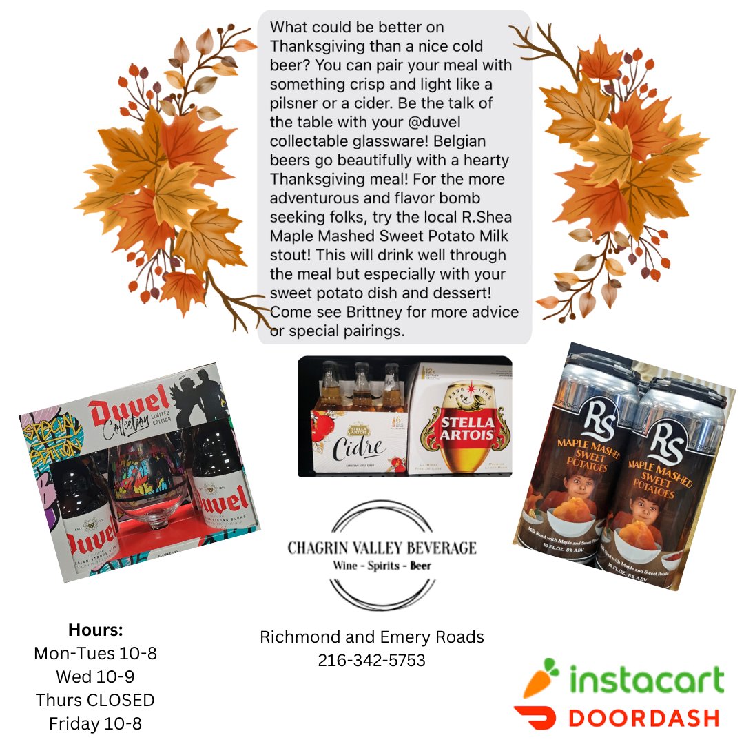 cvbeverage's tweet photo. #chagrinvalleybeverage #happythanksgiving #beer #duvel #stella #rsheabrewing #bethankful https://t.co/DZ6xk9lURD