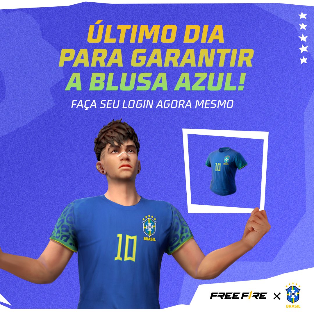 FreeFireBR's tweet photo. Entra no Frifas hoje para garantir a sua camiseta azul da Seleção!! Vem ficar trajadão pro hexa 🟢🟡🔵 #TorcidaFF https://t.co/HztJmEmfQX