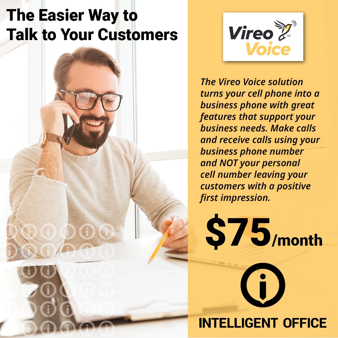 IntellOfficeART's tweet image. The Vireo Voice solution turns your cell phone into a business phone with great features that support your business needs. 

Get Vireo Voice Phone Service for $75/Month

ioart.company.site/Business-Phone…

#WorkIntelligently #ReliableSmallBusinessSolutions #BusinessPhone #IntelligentOffice