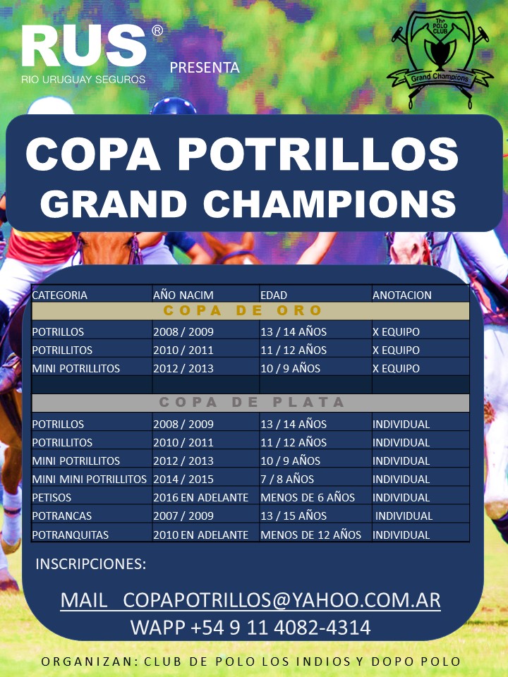 Queda poco tiempo! Apúrate y anota tu equipo, o anótate de manera individual!!!
<a href="/GrandChampions_/">Grand Champions Polo</a> <a href="/Facundo_Z1/">Facundo Zadorozne</a> <a href="/asocdepolo/">Asoc. Arg. de Polo</a> <a href="/eduardoheguy/">eduardo heguy</a>