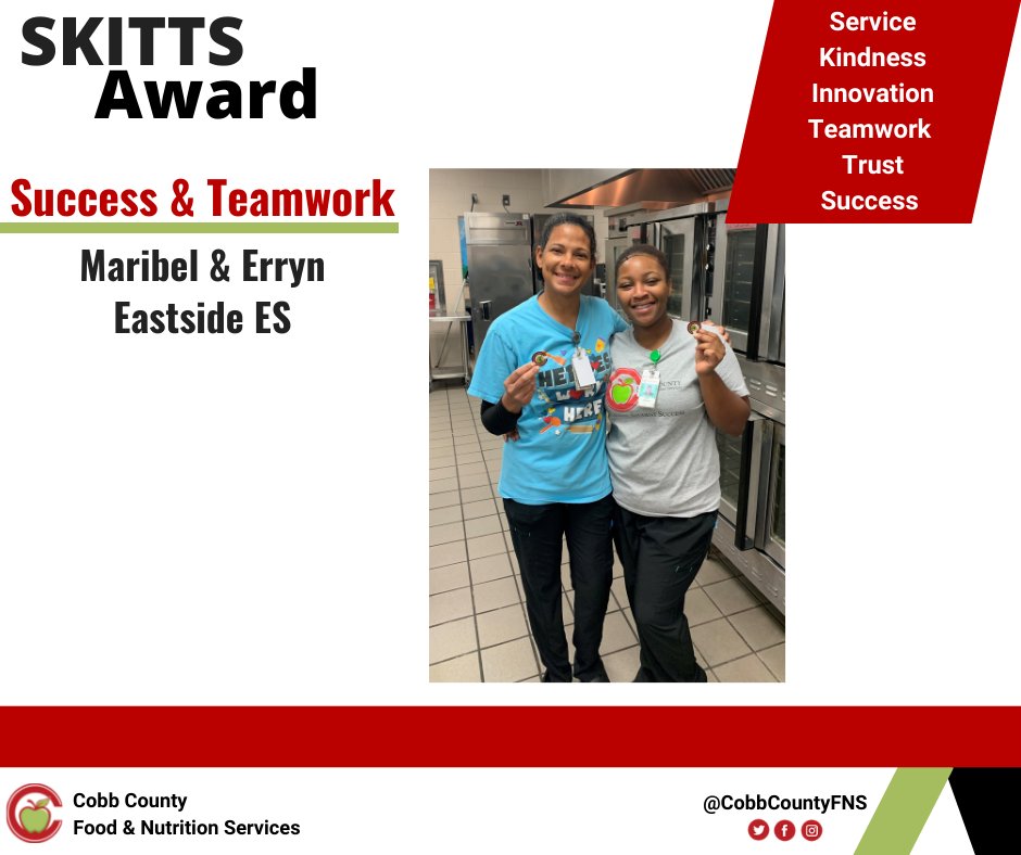 CobbCountyFNS's tweet photo. SKITTS Awards in the categories of Success &amp; Teamwork were recently awarded to Maribel and Erryn.

Maribel sent Erryn to cashier at Shallowford Falls so that the manager could attend the manager's meeting. 

Thank you for all that you do! 👍😀
#FuelingStudentSucess https://t.co/Vk5KeTEyx2