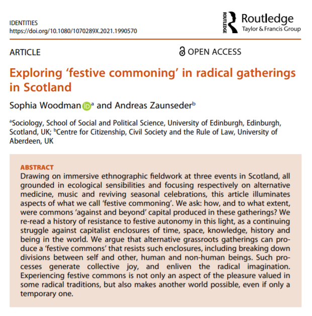 From #Identities with #OpenAccess:

'Exploring ‘festive #commoning’ in #radical gatherings in #Scotland'

By @sophysteria of @uoessps & Andreas Zaunseder of @cisrul_abdn 

@NasarMeer / @aaronzwinter / @AkwugoEmejulu / @Routledge_Socio 

Read it with #OA ➡️
doi.org/10.1080/107028…