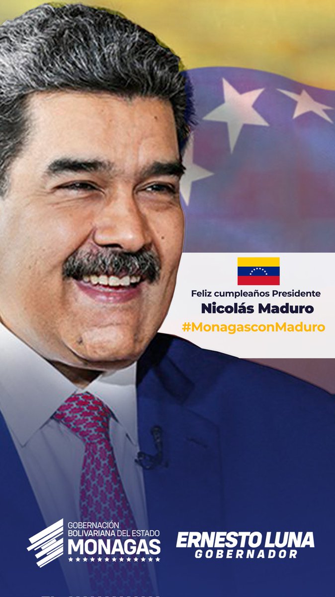 Ernesto Luna G. (@ernestolunapsuv) on Twitter photo Feliz cumpleaños, presidente <a href="/NicolasMaduro/">Nicolás Maduro</a>
En nombre del estado Monagas le enviamos muchísimas bendiciones, esperando que Dios esté siempre a su lado. Feliz cumpleaños, presidente <a href="/NicolasMaduro/">Nicolás Maduro</a>
En nombre del estado Monagas le enviamos muchísimas bendiciones, esperando que Dios esté siempre a su lado.