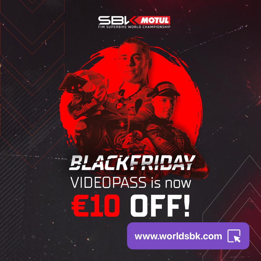 WorldSBK's tweet photo. Did you know that #VideoPass is €10 OFF? 😮

Subscribe now for the 2023 season and don't miss out on this amazing #BlackFriday offer 💥

What are you waiting for? Click below! ⬇️