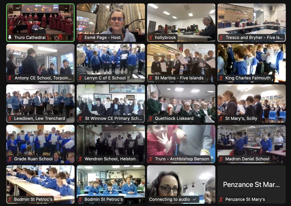 God is in the Zoom! What fab kids and teachers we have in Cornwall! Dream come true to see 1,300+ faces eager to sing, pray + explore with us. Thank you for your🙏#teamwork  <a href="/TruroCathChoir/">Truro Cathedral Choir</a> <a href="/KellyBetteridge/">Kelly Betteridge</a> @RevSimonR  @TruroDioSchools <a href="/_cathedralmusic/">Cathedral Music Trust</a>