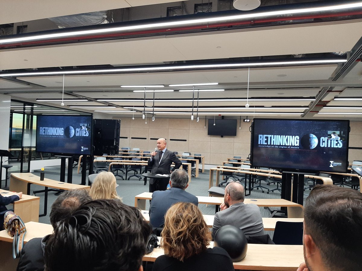 ManzanoCr's tweet photo. Here we go! Starting the presentation of #Rethinkingcities, the documentary by @IeInsights in the role of knowledge in shaping cities, with IE president @SantiagoIniguez making the opening remarks. https://t.co/J4YtklNlms