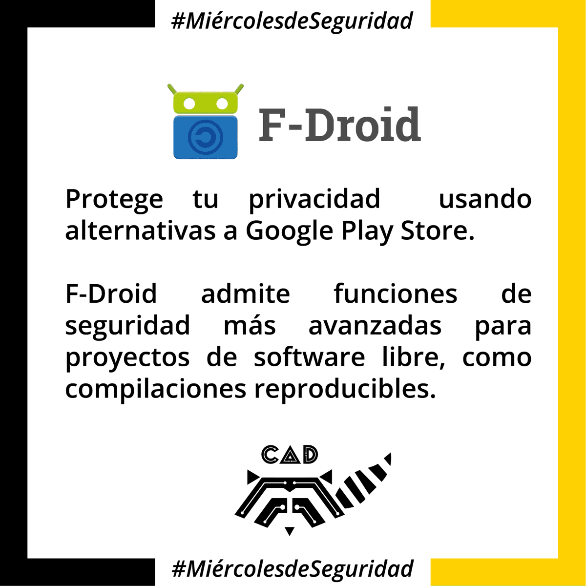 #MiércolesdeSeguridad La forma común de instalar apps en Android es usar Google Play Store. Esto requiere una cuenta de Google, y las apps disponibles están bajo el control de Google. En su lugar, recomendamos el uso de <a href="/fdroidorg/">F-Droid (@fdroidorg@floss.social)</a>, con su uso proteges tu privacidad.