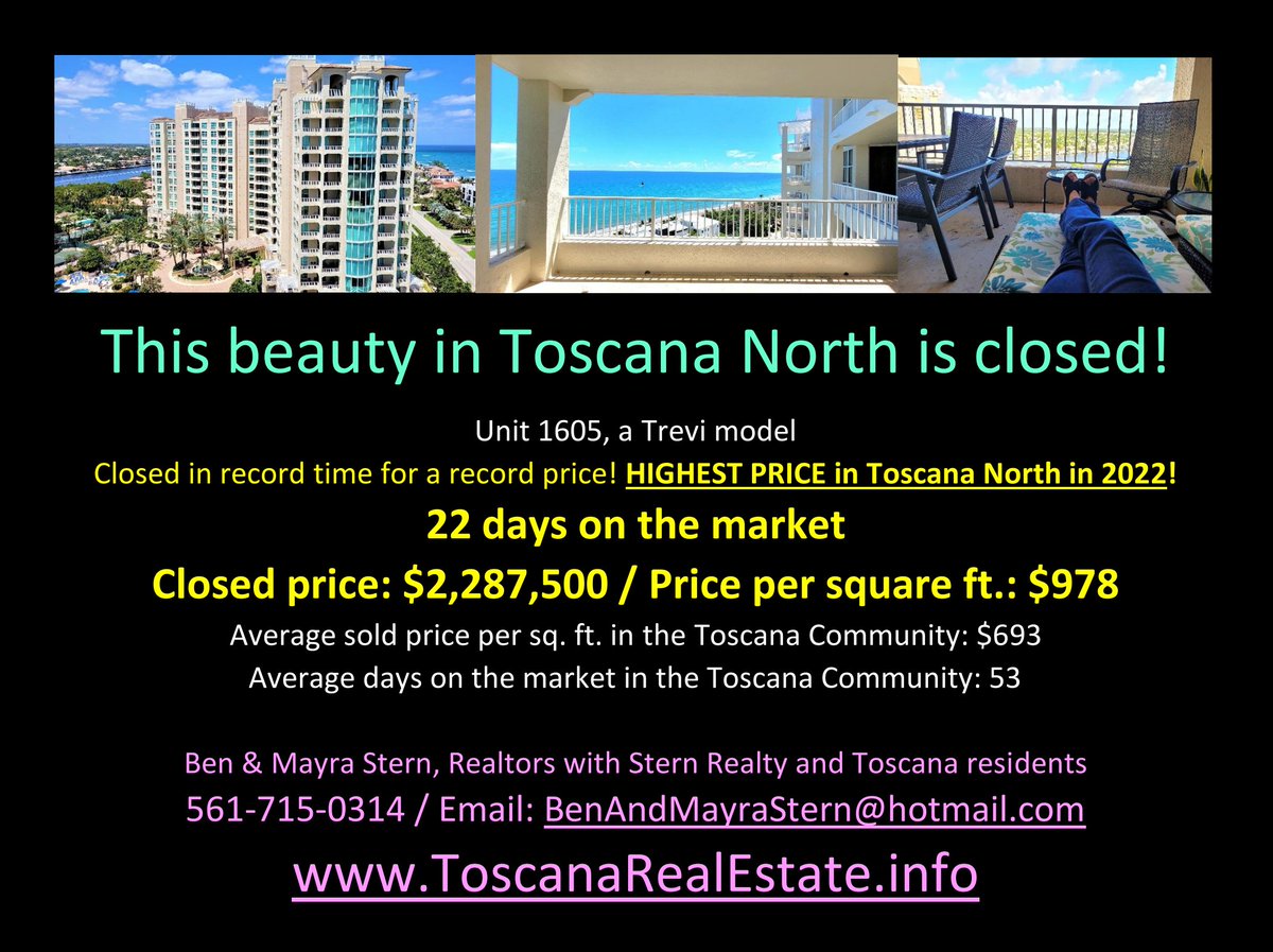 Ben & Mayra Stern, Realtors with Stern Realty and Toscana residents
561-715-0314 / Email: BenAndMayraStern@hotmail.com 
ToscanaRealEstate.info 

#toscananorth
#toscanahighlandbeach
#highlandbeachfl
#highlandbeach
#highlandbeachrealestate