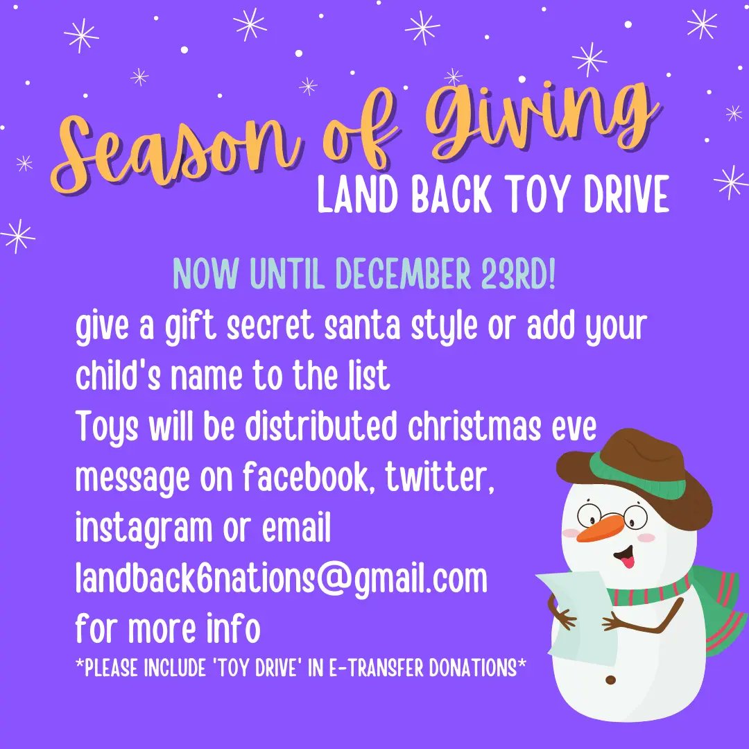 Season of Giving Toy Drive! Give a gift or add your child's name to our list. DM for more info. You can also make e-transfer donations! Please indicate 'toy drive' for your donation. Toys will be distributed to community members and land defenders family's on Christmas Eve.