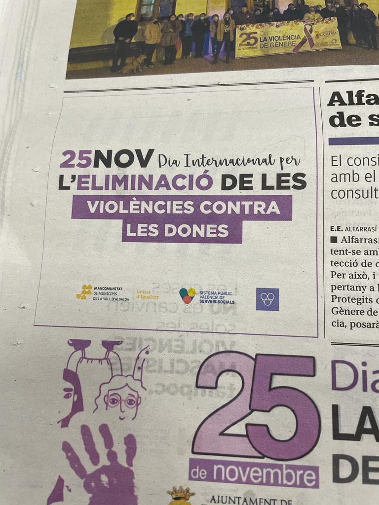 MlaValldAlbaida's tweet photo. 📰🟣 Hui el departament d'Igualtat de la #MMVA està present al suplement especial del @levante_emv per la commemoració del #25N - Dia Internacional per l'Eliminació de les Violències contra les Dones i les Xiquetes.
ACÍ te'l compartim per si no l'has pogut llegir⤵️ https://t.co/ImYFKJ19ts