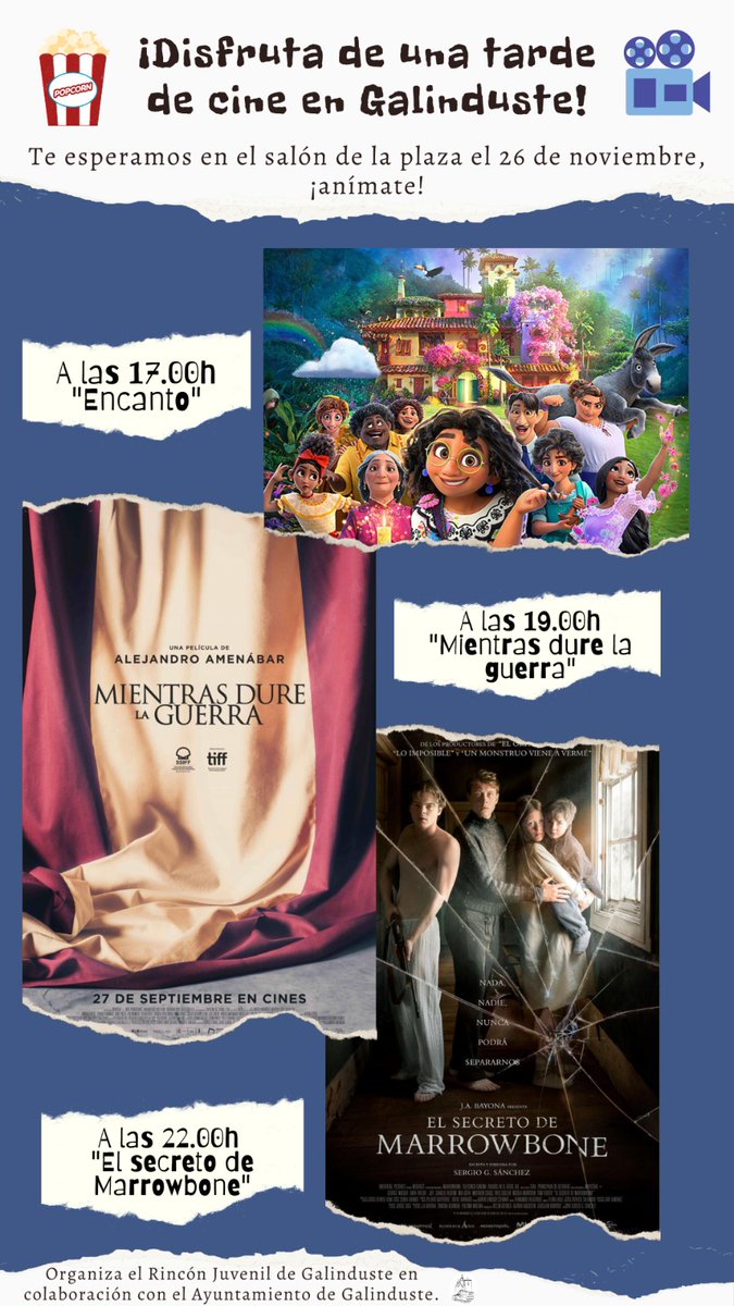 ElRinconGalin's tweet photo. 📣 Atención este sábado 26 📣

🎞️ Cartelera del cine 🎞️

1️⃣ 17:00  Encanto.

2️⃣ 19:00  Mientras dure la Guerra. 

3️⃣ 22:00  El secreto de Marrowbone.

Os esperamos ‼️ https://t.co/IegLyPctwE