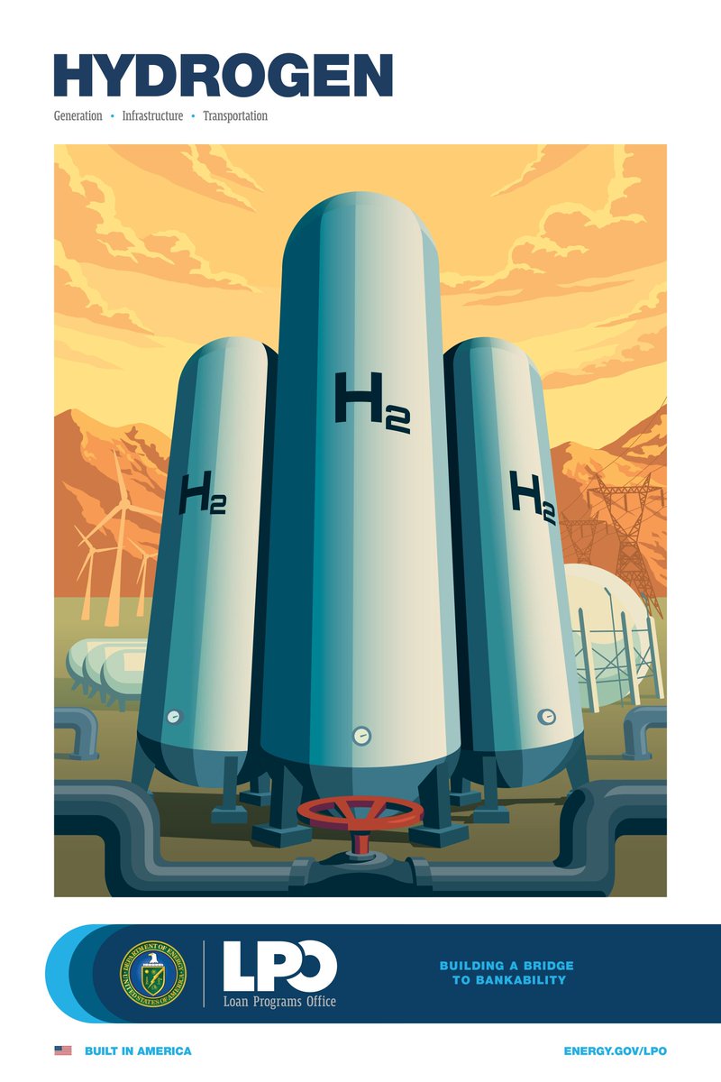 The Department of Energy is producing these awesome WPA-style posters to celebrate the clean energy investments in the Inflation Reduction Act. Here's hydrogen! (1/3)