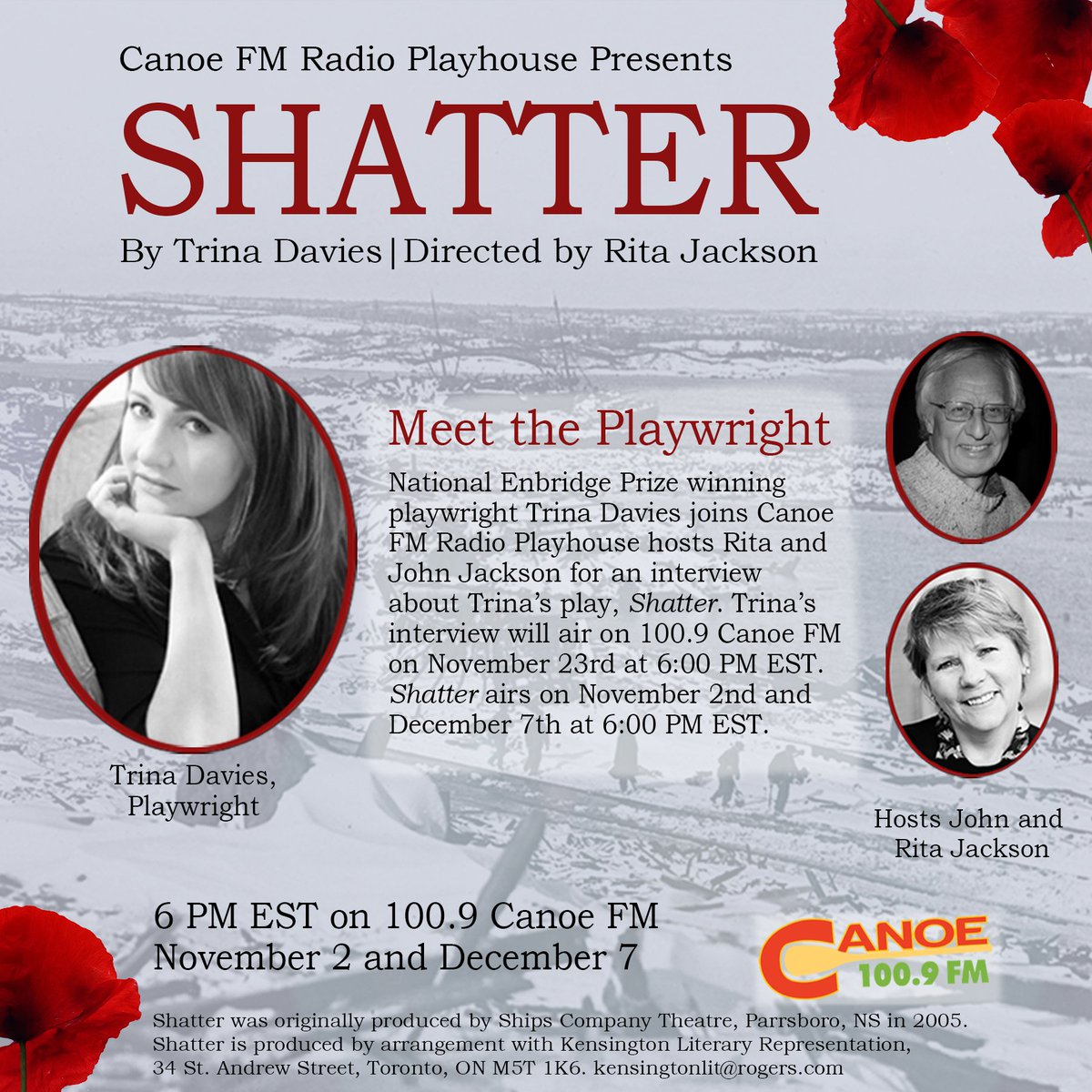RitaCJackson's tweet photo. Re-scheduled interview w/ playwright Trina Davies, author of SHATTER on Radio Playhouse 100.9 @CanoeRadio. Airs Wed  Nov 23rd at 6PM. 
#CanadianTheatre #Halifax  #CommunityRadio #theatre #RadioTheatre #pgc50 #yearoftheplaywright #canadianstories @TrinaLDavies @_amythecat https://t.co/LzO5mW2yac