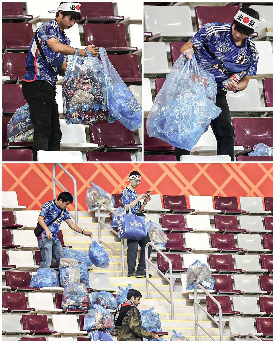 after stunning upset win over germany, japan fans stay to clean up the stadium