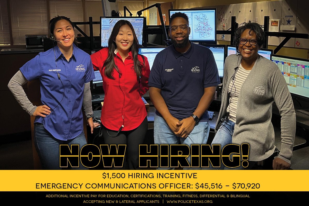 IrvingPD's tweet photo. Ready to make a difference? Join our family! We are hiring Emergency Communications Officers!
#HeadsetHeroes #AnsweringTheCall #JoinIPD #ThinGoldLine
Basic Info: https://t.co/2adAXNwUZt
Lateral Info: https://t.co/QcogFvR3sk
Apply at: https://t.co/pHGSWqPRqK
@tarrant911dist https://t.co/OGMkoLE8bJ