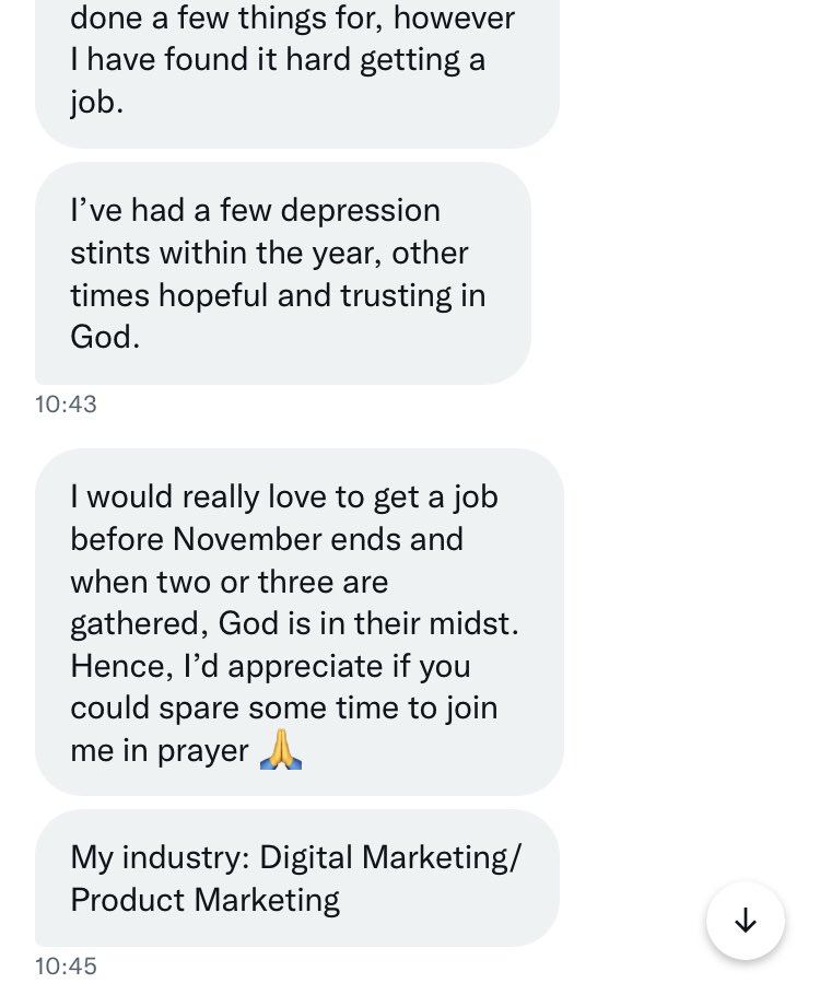 Row_Haastrup's tweet photo. PRAISE GOD!

She has been frustrated from job search &amp; reached out in faith that she will get her desired job.

I declared via text in DM, she held on to the word &amp; in 10 days time, a job bigger than anticipated came knocking.

God did it such that she now has 2 jobs 🤣 https://t.co/Crv96g5hgM