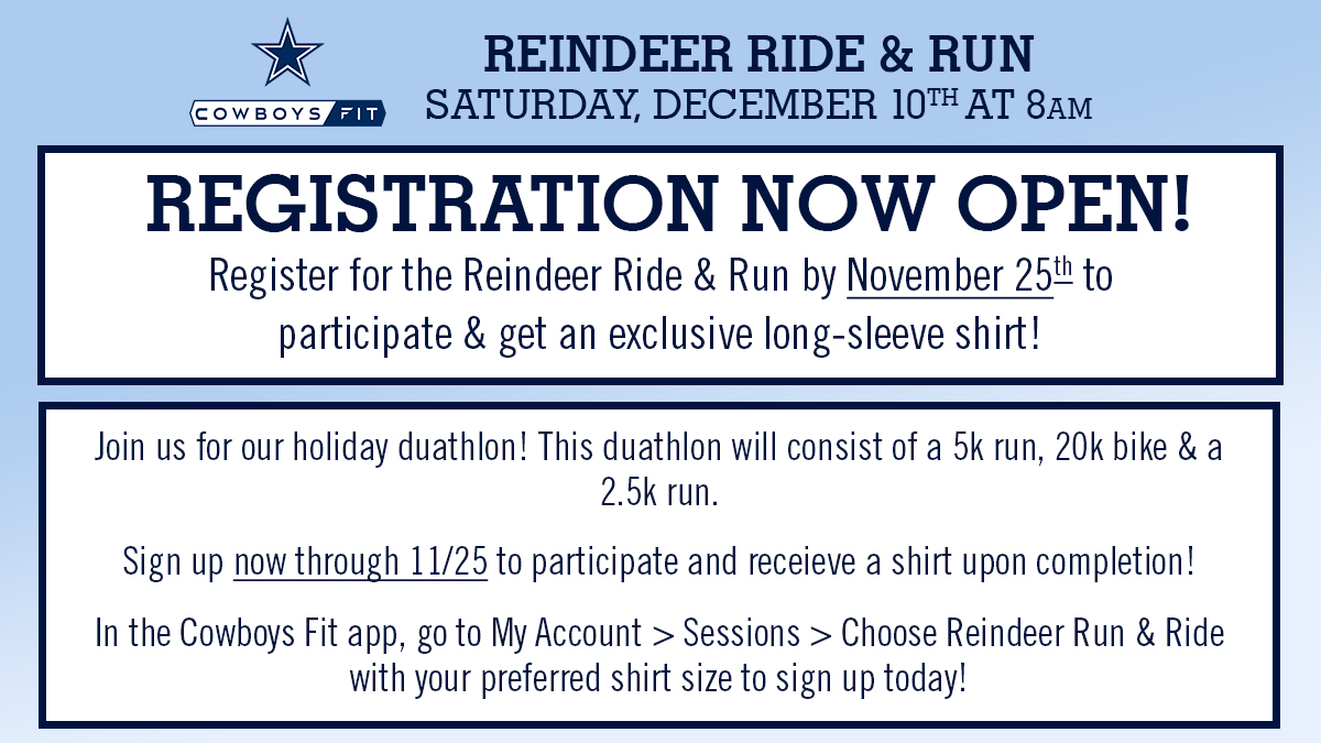 Only a few days left to sign up for the Cowboys Fit Reindeer Run &amp; Ride on December 10th! All enrolled participants receive a shirt upon completion. 

Guests are also welcome to sign up. Members must sign up their guest in the Cowboys Fit app. 

#CowboysFit | #CowboysNation