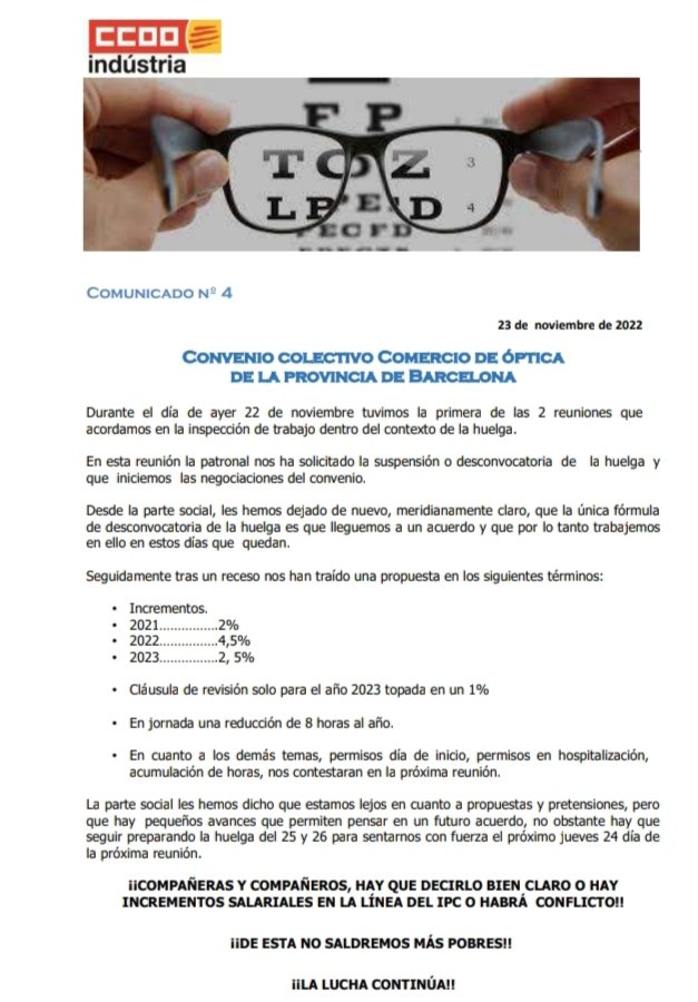 CCOO Óptica Universitaria (@opticauniccoo) on Twitter photo 📢 Comunicado NO acuerdo Ópticas Bcn
🗣️Compañer@s lo diremos hasta q nos escuchen, o hay incrementos salariales en consonancia al IPC o habrá conflicto‼️
Os esperamos a tod@s en las movilizaciones #VagaOptiquesBcn 25 y 26.
La lucha continúa ✊💪#SalarioOConflicto <a href="/FICCOOBCNES/">CCOO INDUSTRIA DEL BARCELONES</a> 📢 Comunicado NO acuerdo Ópticas Bcn
🗣️Compañer@s lo diremos hasta q nos escuchen, o hay incrementos salariales en consonancia al IPC o habrá conflicto‼️
Os esperamos a tod@s en las movilizaciones #VagaOptiquesBcn 25 y 26.
La lucha continúa ✊💪#SalarioOConflicto <a href="/FICCOOBCNES/">CCOO INDUSTRIA DEL BARCELONES</a>