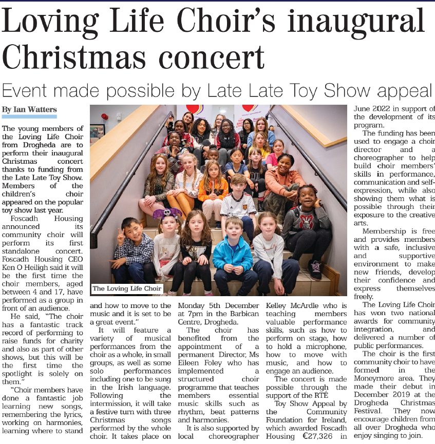 FoscadhHousing's tweet photo. Excited to see our choir members in the news ahead of their very first concert on December 5! This story is from the Drogheda Leader, while the choir was also featured in the Drogheda Independent at https://t.co/zN1P8UNy7Y 😊❤️ https://t.co/ptYbRx6hJB
