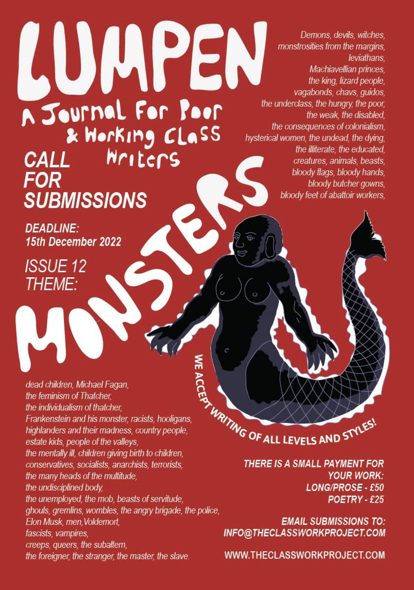 Just a quick reminder that the submissions for Lumpen #12 are open until 15th December! 

We pay all our contributors at a rate of 50 quid for prose and 25 for poetry.

Please send all submissions to info@theclassworkproject.com