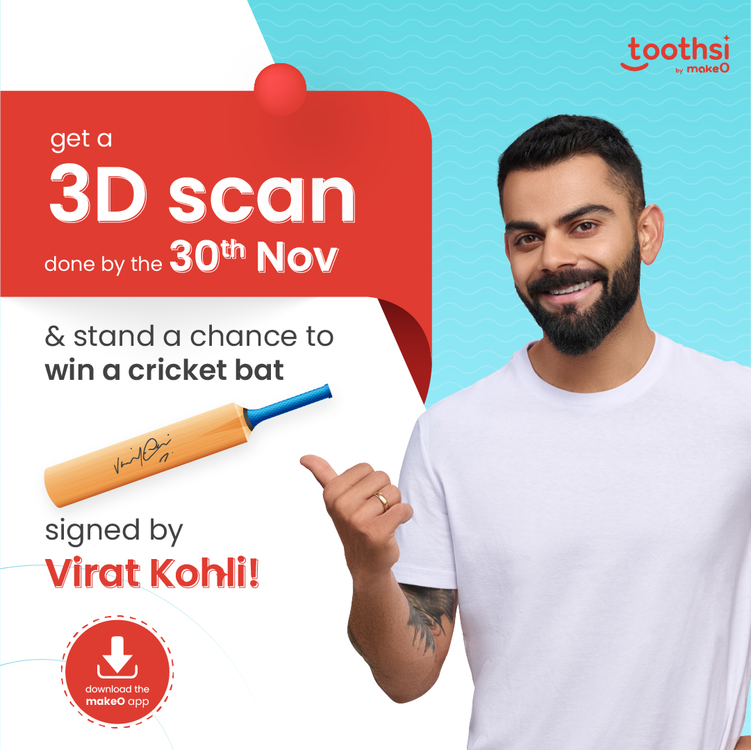 toothsialigners's tweet photo. Here's your chance to win a bat signed by Virat Kohli! All you have to do is book and get your scan done by the 30th of November.* To book, visit link https://t.co/cMR1beez6d
*T&C apply
@imVkohli @AnushkaSharma
#toothsibymakeO #makeO #BeGreatSmileReady #toothsi #toothsialigner https://t.co/kXEUFYOfch