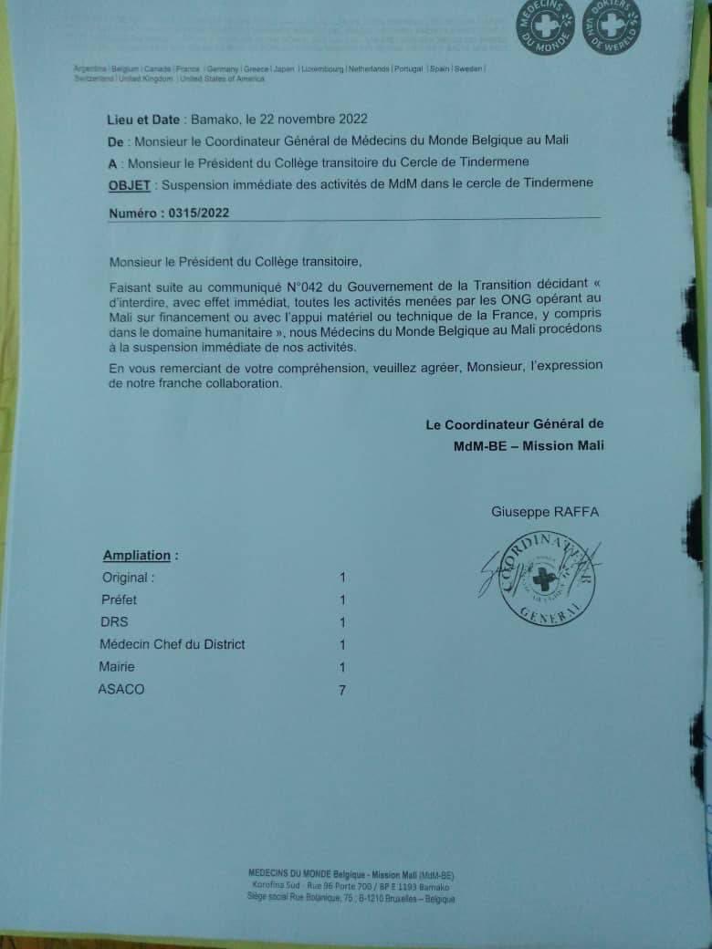 Mali 🇲🇱 En application de la décision du gouvernement malien, les Médecins du Monde Belgique au Mali ont procédés à la suspension immédiate de ses activités. <a href="/konate90/">KONATE Malick</a> <a href="/AzizMaigaNMP/">Aziz Maïga ne ment pas</a>