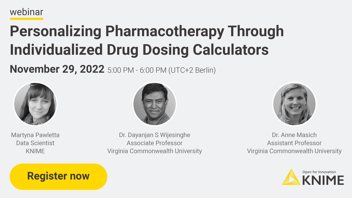 knime's tweet photo. Join us on Nov 29 for a #webinar where we’ll cover how #pharmacotherapy experts used #KNIME to build a custom calculator for use in clinical settings that’s accessible, reliable, and highly amenable for further customization. Learn more at https://t.co/OIjyn03JNu

#dataapps https://t.co/VpRVV6yDNp